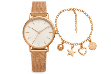 Rose gold watch and charm bracelet isolated on transparent background, elegant