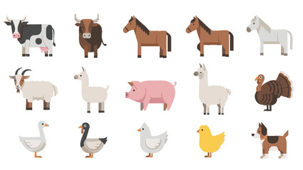Naklejka premium Minimal geometric flat vector set of 15 farm animals including cow, bull, horse, sheep, goat, pig, llama, alpaca, turkey, goose, duck, hen, chick and dog, isolated on white background