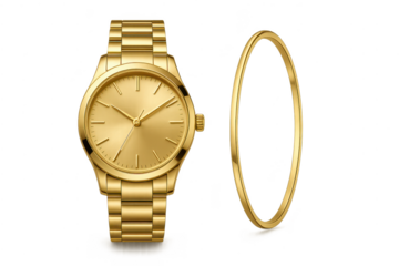 Luxurious golden wristwatch and bangle isolated on transparent background