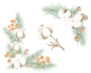 Winter composition, New Year holidays. Merry Christmas. Christmas decor for cards. Christmas tree, snowman, twig. Mistletoe. Decorative cotton. December, holidays. Watercolor texture.