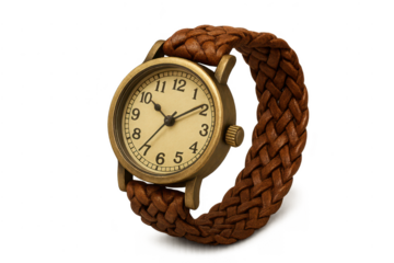 Vintage wristwatch with braided leather strap isolated on transparent background