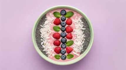 Delicious and healthy breakfast bowl with vibrant pink smoothie fresh raspberries mint and shredded coconut