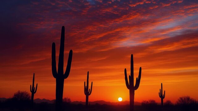 Timelapse desert sunset with silhouetted saguaro cacti under dramatic moving red clouds
