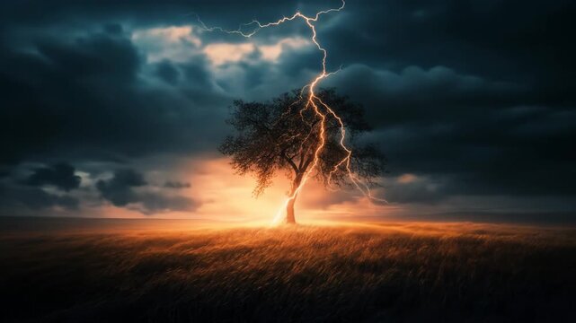 Dramatic lightning strikes tree against dark sky atmospheric landscape