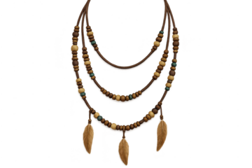 Bohemian multi-layered beaded necklace with feathers, isolated on transparent background