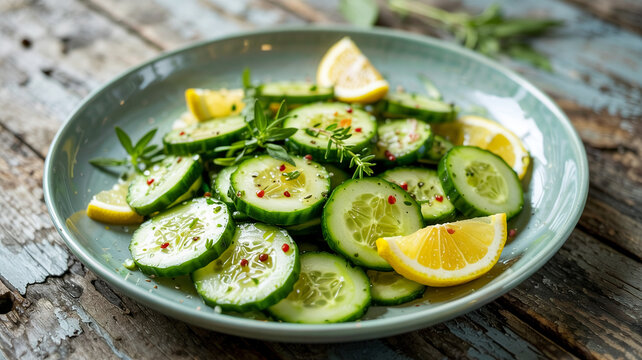 The plate is accompanied by a refreshing cucumber saad with lemon dressing.