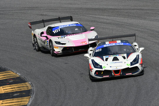 Scarperia, Italy - September 14th 2025: Ferrari 488 Challenge EVO of team Easy Race in action during Italian Championship GT Endurance race event at Mugello Circuit.