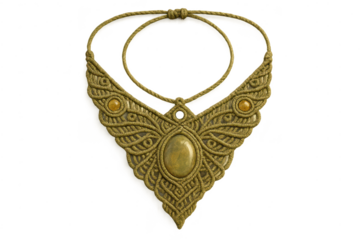 Intricate macrame necklace with natural stones, handcrafted, isolated on transparent background