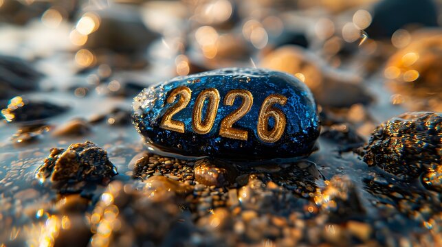 Golden 2026 number on wet beach stone at sunrise with bokeh