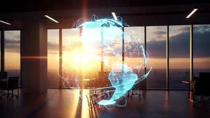 A futuristic office with a holographic globe during sunset, symbolizing global connectivity - Powered by Adobe