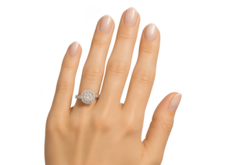 Woman's hand with elegant diamond engagement ring isolated on transparent background.