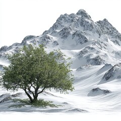 Solitary Tree and Snowy Peaks: A vibrant green tree stands steadfast against the backdrop of imposing snow-covered mountains.