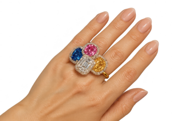 Woman's hand with large colorful gemstone ring isolated on transparent background.