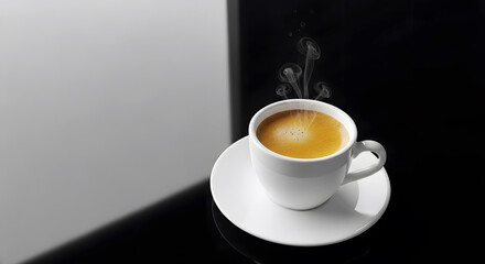 Steaming cup of rich espresso coffee with golden crema on white saucer, black reflective surface, and gray wall