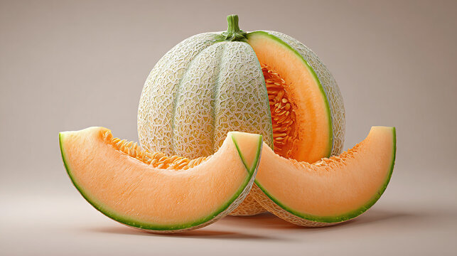 A fresh and juicy cantaloupe melon, sliced and ready to eat