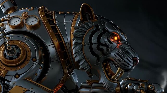Mechanical tiger prowls in dynamic attack pose with exposed gears, pistons and articulated joints emitting steam and light. The industrial metallic design conveys advanced robotics, power and motion i