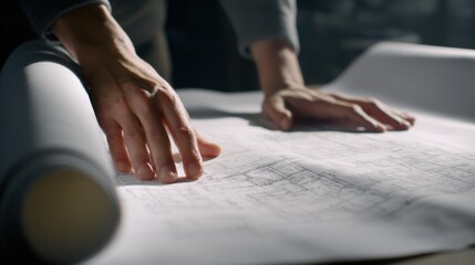 Hands unrolling architectural blueprints with detailed line drawings Planning design process
