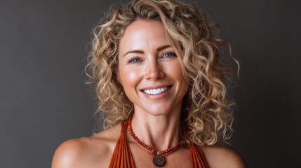 Smiling woman with curly blonde hair and blue eyes wearing a necklace happy