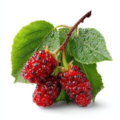 Mulberry Branch: A close-up shot of a vibrant mulberry branch laden with ripe, juicy berries and lush, green leaves, each droplet.