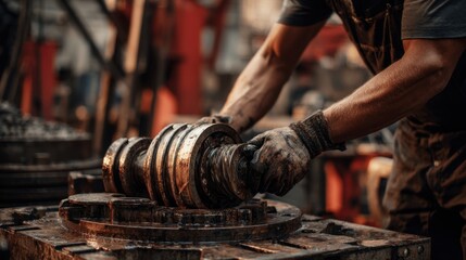 A gloved worker handles heavy oily industrial machinery components in a factory setting
