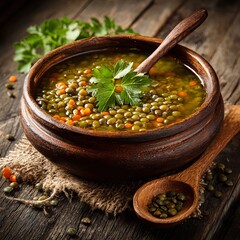 Rustic Lentil Delight: A steaming bowl of hearty lentil soup, served in a wooden bowl with a wooden spoon, garnished with fresh herbs, and presented on a rustic wooden table.