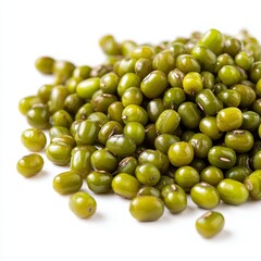 Mung Beans: An overhead perspective of vibrant green mung beans creating a visually appealing composition, demonstrating natural form, freshness and healthy eating.