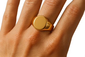 Close-up of a luxurious golden signet ring on a hand, isolated on transparent background