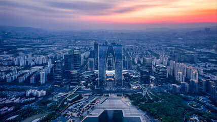Suzhou China Skyline at Sunset - Modern Cityscape Aerial View