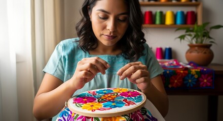 Young woman embroidering colorful fabric at home with focus  