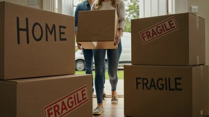 New homeowners entering their house for the first time surrounded by labeled moving and fragile boxes.