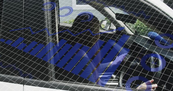 Woman checking phone, reaching car console, stowing and readying car with blue mesh overlaying