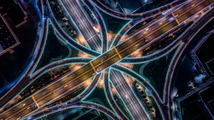 Suzhou Highway Interchange at Night - Aerial Traffic Lights