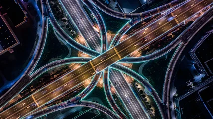 Fototapete Rund Autobahn In Der Nacht Suzhou Highway Interchange at Night - Aerial Traffic Lights  © DoThi