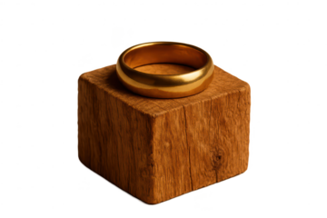 Shiny golden ring on a wooden block, isolated on transparent background.