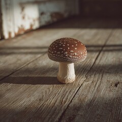 Autumnal Mushroom on Wood: An intriguing fly agaric mushroom, its mottled cap and pristine stem sit elegantly upon an aged wooden surface, evoking the serene and subtle beauty of the autumnal season.