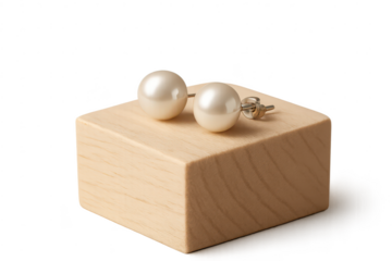 Elegant pearl stud earrings on wooden block, isolated on transparent background