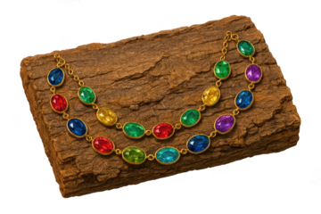 Vibrant gold necklaces with colorful oval gemstones on wood, transparent background