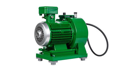 Fototapeta premium Angled shot of a bright green electric motor and pump assembly against a black background