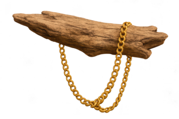 Golden chain draped over weathered driftwood, isolated on transparent background