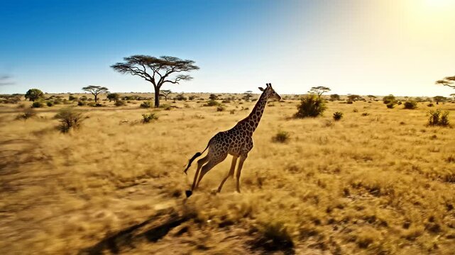 A giraffe gracefully running across the savannah at sunset, surrounded by trees