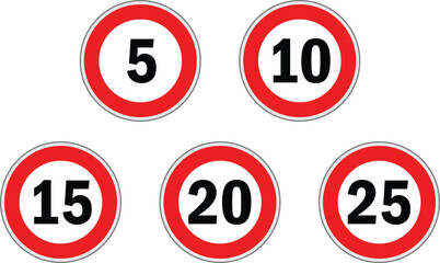 Set of speed limit signs. Road speed from 5-25kmh and no speed limit. Generic speed limit sign with red circle and black number. Road speed limit warnings. Depicting speed limits ranging.