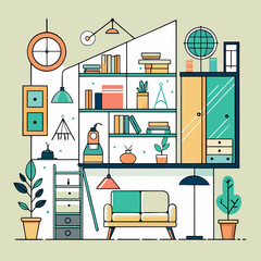 Minimalist modern living room illustration with clean lines, soft pastel colors, organized shelves, indoor plants, and cozy furniture.