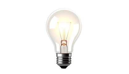 A clear lightbulb glowing brightly against a black backdrop, showcasing inner filament