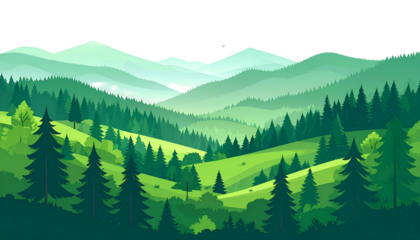 Layered, verdant illustration of a mountain valley with silhouettes of trees and birds