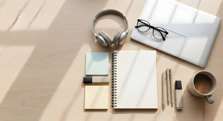 Top view of a clean and organized desk with laptop, headphones, coffee mug, and various stationery