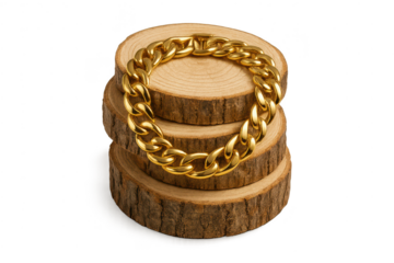 Shiny Gold Cuban Link Chain Bracelet on Wood Slices, Isolated No Background