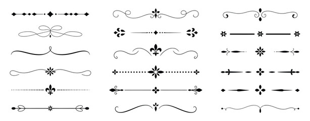 Royal Lily Border Collection With Fleur de Lis Symbols and Elegant Vintage Flourish Strokes in Clean Vector Illustration, Ornamental Decorative Dividers for Labels, Certificates, and Diplomas © Raxzen