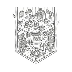 Fototapeta premium Cozy Treehouse Village with Squirrels Preparing Gifts and Treats for the Holidays in a Whimsical Illustration