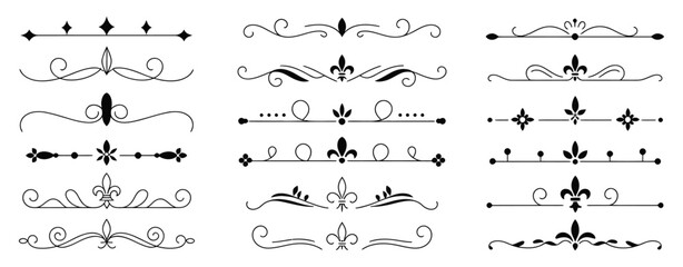 Royal Lily Border Collection With Fleur de Lis Symbols and Elegant Vintage Flourish Strokes in Clean Vector Illustration, Ornamental Decorative Dividers for Labels, Certificates, and Diplomas © Raxzen