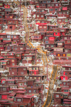 Sertar Buddhist Monastery Settlement, Tibet - Aerial View with Red Houses